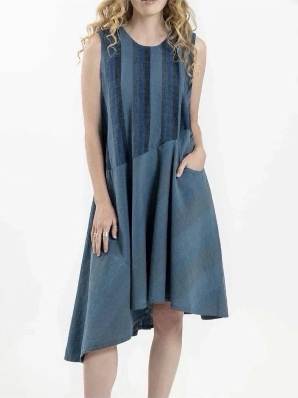 Cynthia Ashby Womens Small Twirl Dress Lagenlook Pocket Stripe Asymmetrical Blue